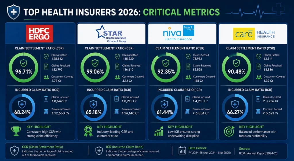 Infographic comparing CSR and ICR metrics for HDFC ERGO, Star Health, and Niva Bupa in 2026.