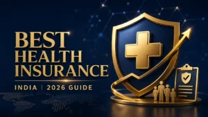 Infographic showing Best Health Insurance in India 2026 guide with a gold medical shield icon.