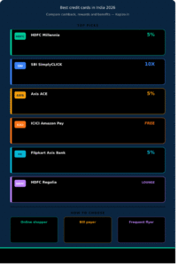 Best credit cards in India 2026 comparison infographic showing HDFC Millennia SBI SimplyCLICK Axis ACE ICICI Amazon Pay Flipkart Axis and HDFC Regalia