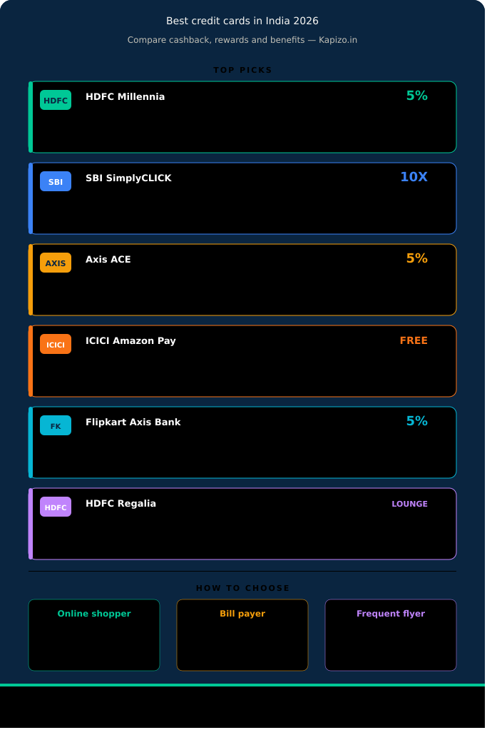 Best credit cards in India 2026 comparison infographic showing HDFC Millennia SBI SimplyCLICK Axis ACE ICICI Amazon Pay Flipkart Axis and HDFC Regalia