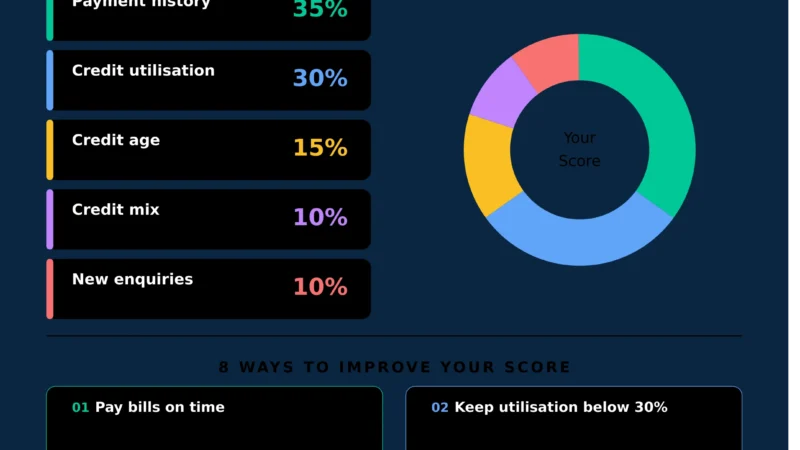 CIBIL score guide infographic showing score ranges, factors affecting credit score and 8 ways to improve CIBIL score in India