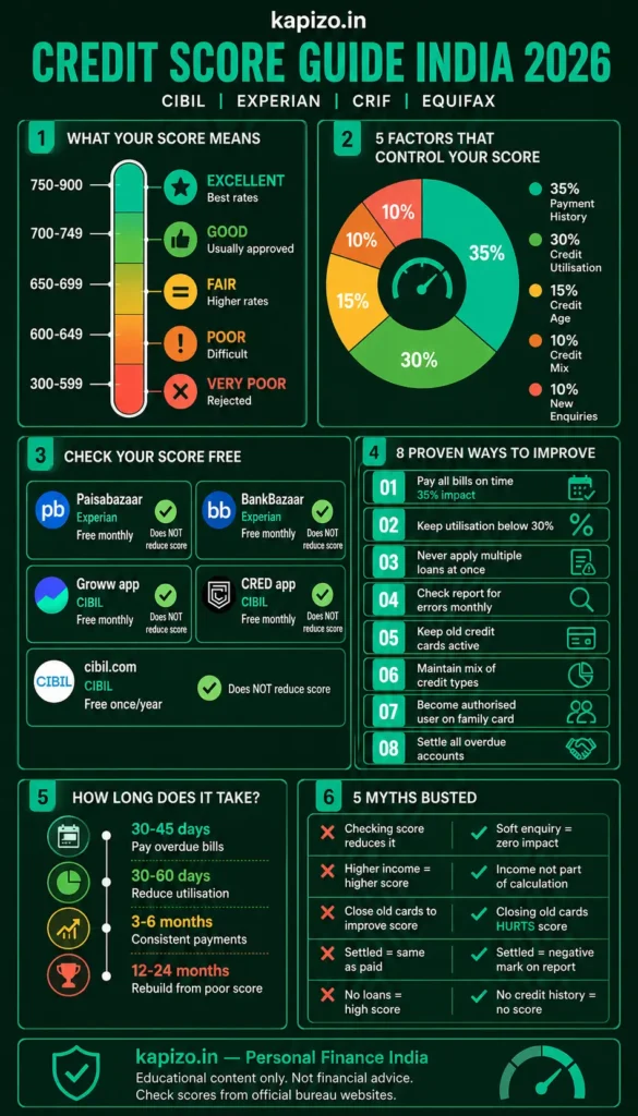 credit score India 2026 infographic showing CIBIL score ranges factors affecting score 8 ways to improve and free check platforms