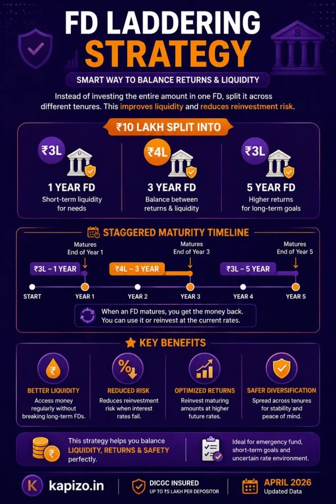 Fixed deposit laddering strategy infographic showing staggered maturity and diversification