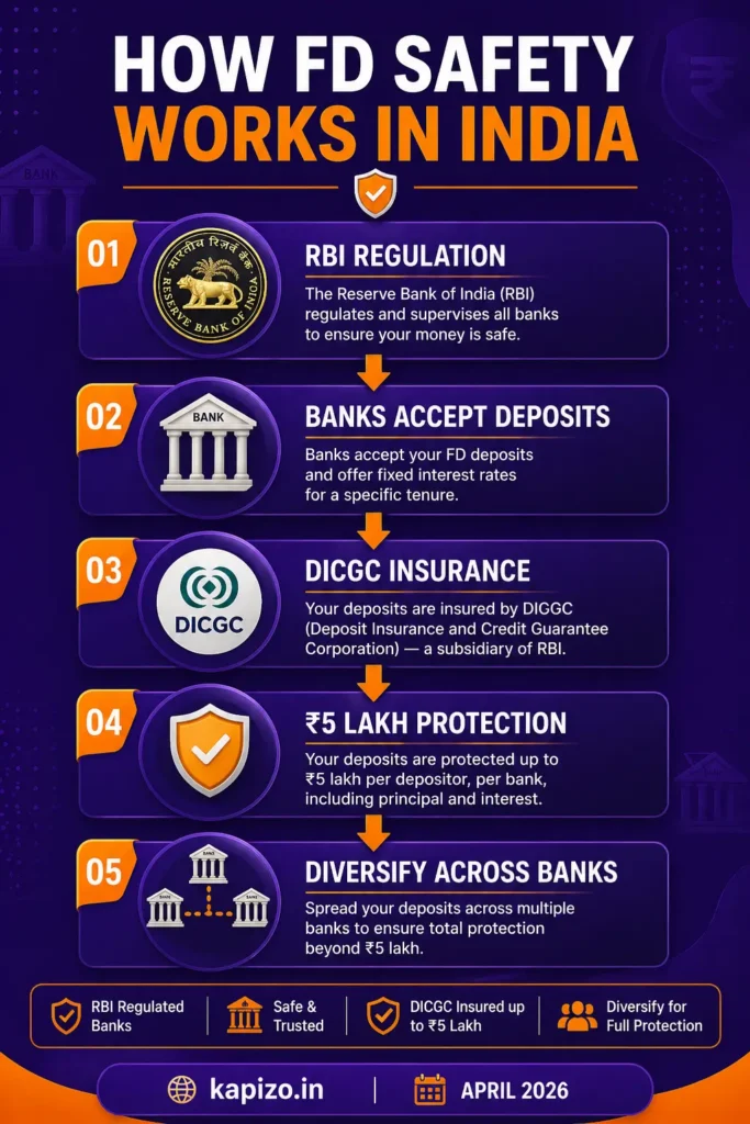 Infographic explaining RBI regulation DICGC insurance and fixed deposit safety system in India