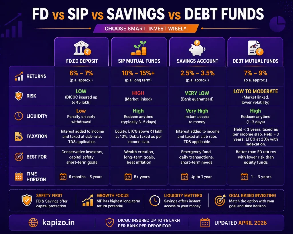 Comparison infographic of fixed deposits SIP mutual funds savings account and debt funds in India