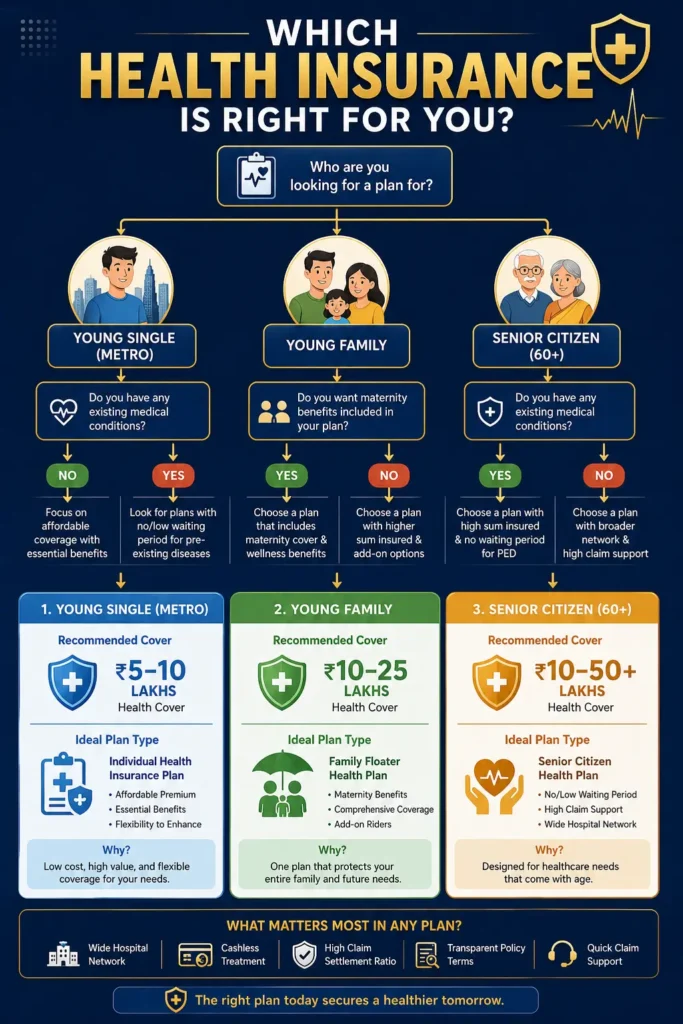 Decision tree flowchart for choosing health insurance cover for singles, families, and senior citizens in 2026.