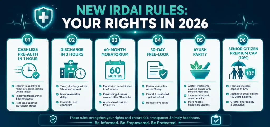 Checklist of 2026 IRDAI rules including 1-hour cashless approval and 60-month moratorium period.
