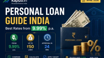 Infographic showing personal loan in India 2026 interest rates starting from 9.99% with bank logos and currency icons.