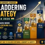 FD Laddering Strategy India 2026 infographic showing fixed deposit ladder structure liquidity and reinvestment planning