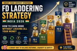 FD Laddering Strategy India 2026 infographic showing fixed deposit ladder structure liquidity and reinvestment planning