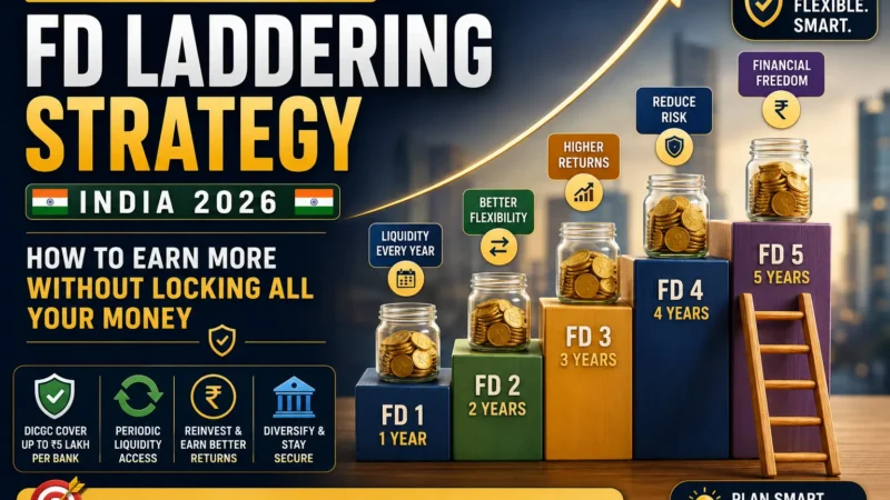 FD Laddering Strategy India 2026 infographic showing fixed deposit ladder structure liquidity and reinvestment planning