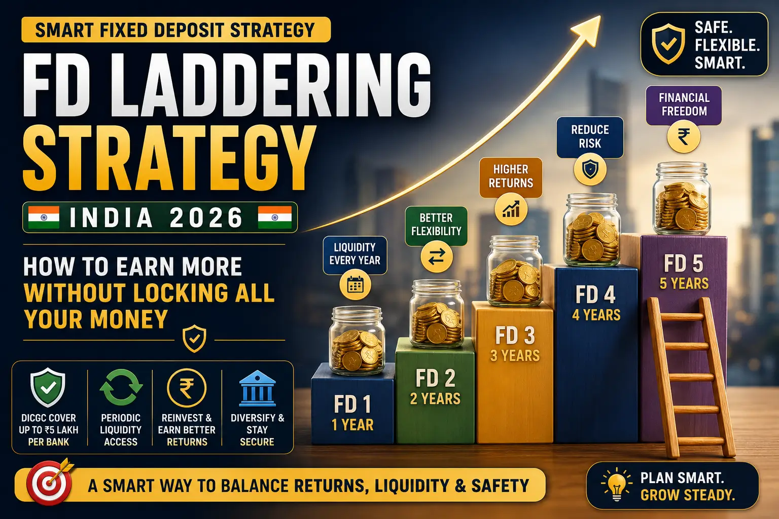 FD Laddering Strategy India 2026 infographic showing fixed deposit ladder structure liquidity and reinvestment planning