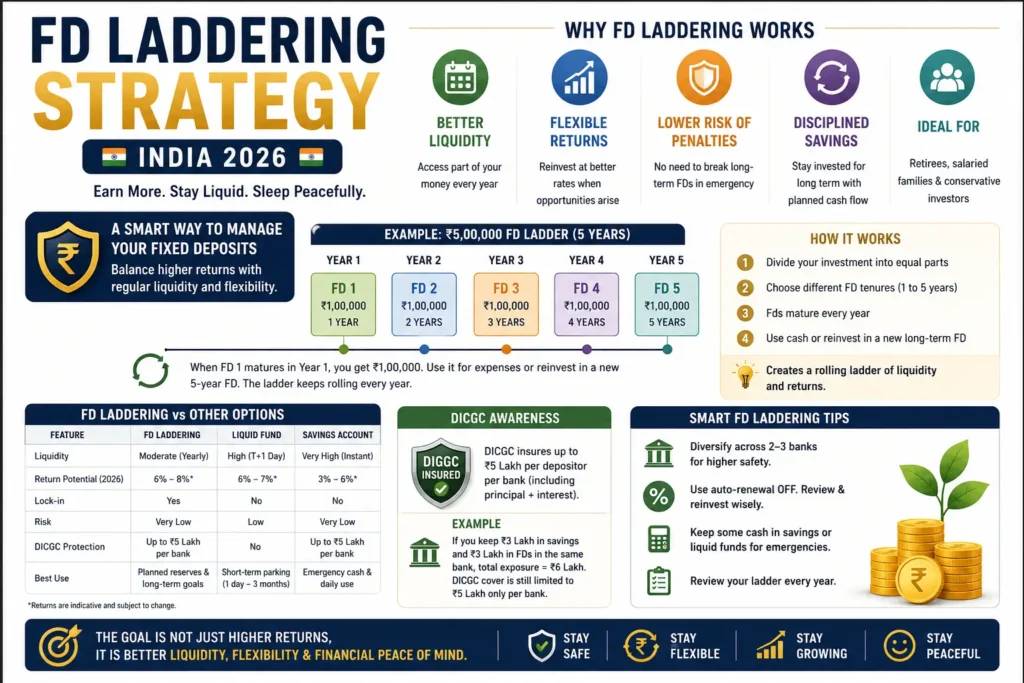 FD laddering strategy infographic showing liquidity planning reinvestment flexibility and DICGC awareness in India 2026