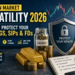 Indian Market Volatility 2026 infographic showing savings protection, SIP investing, fixed deposits, gold, and financial planning for Indian families.
