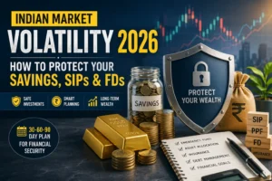Indian Market Volatility 2026 infographic showing savings protection, SIP investing, fixed deposits, gold, and financial planning for Indian families.
