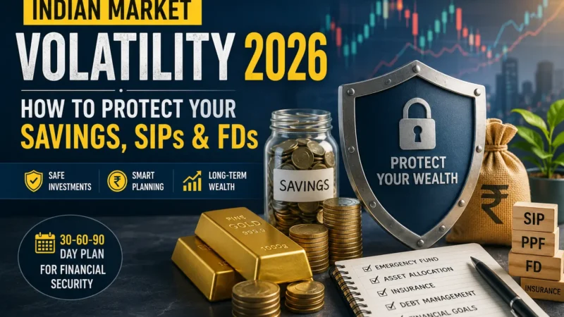 Indian Market Volatility 2026 infographic showing savings protection, SIP investing, fixed deposits, gold, and financial planning for Indian families.