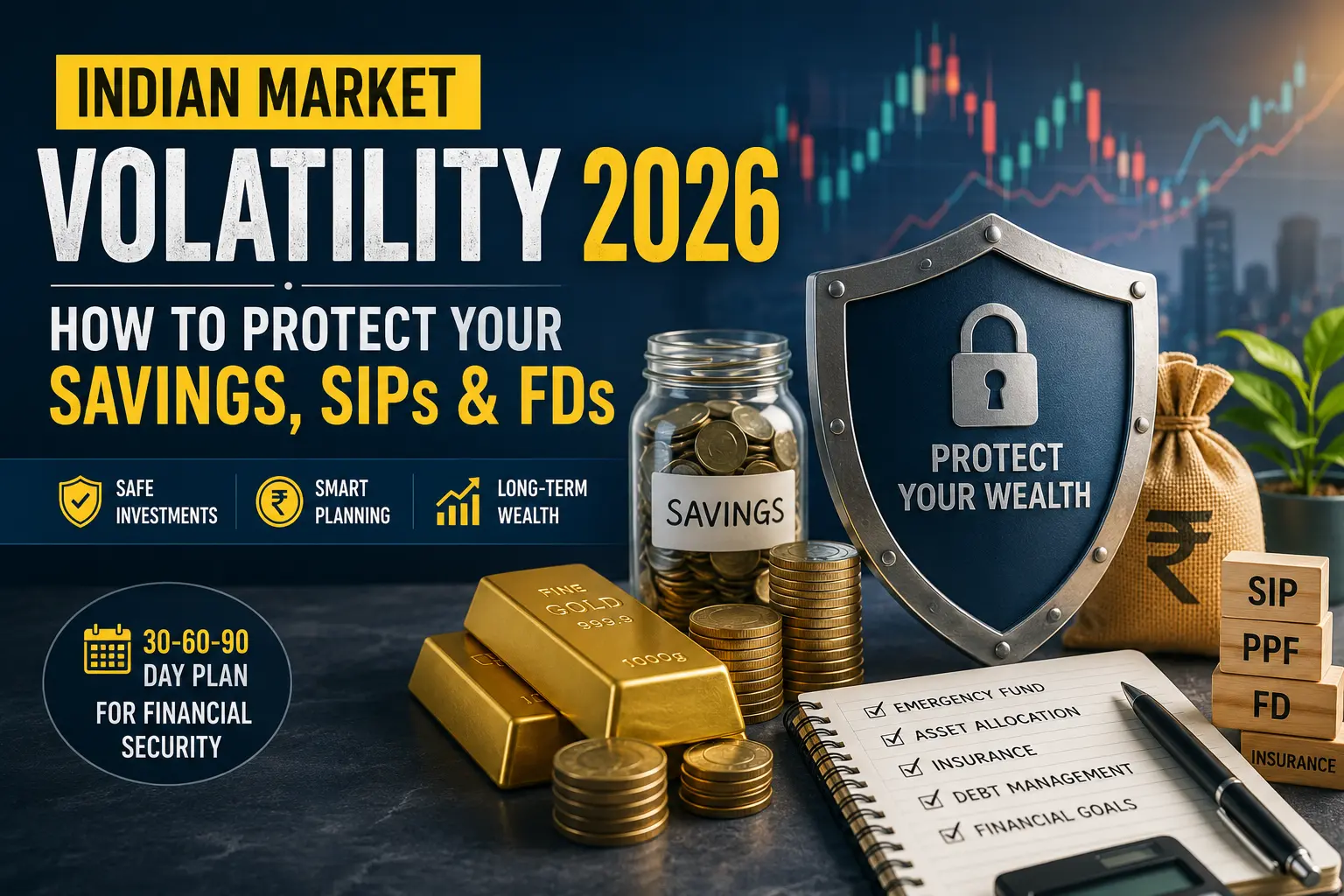 Indian Market Volatility 2026 infographic showing savings protection, SIP investing, fixed deposits, gold, and financial planning for Indian families.