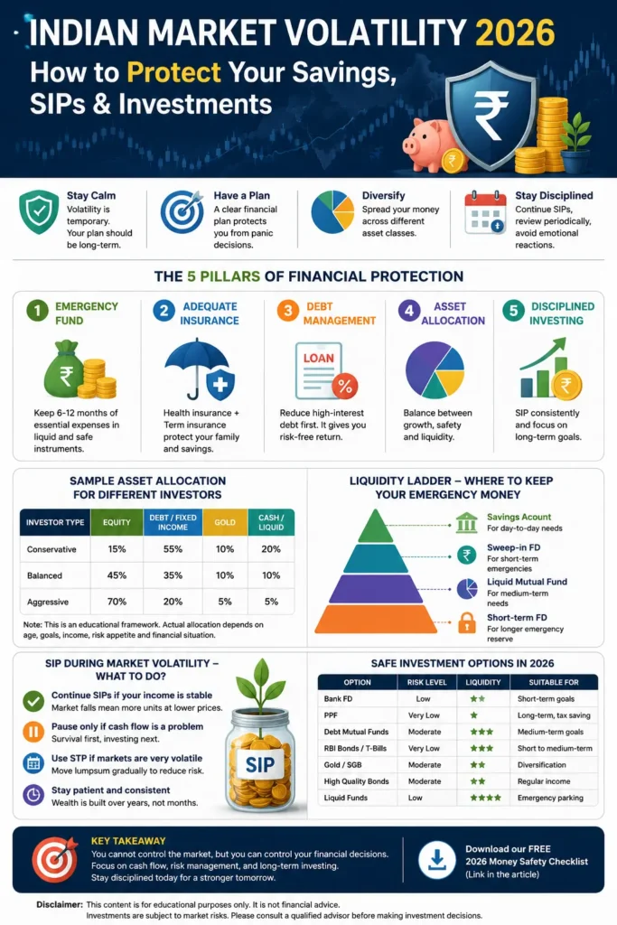Indian market volatility 2026 infographic explaining emergency funds, SIP investing, asset allocation, safe investments, liquidity ladder, and financial protection strategies for Indian families.